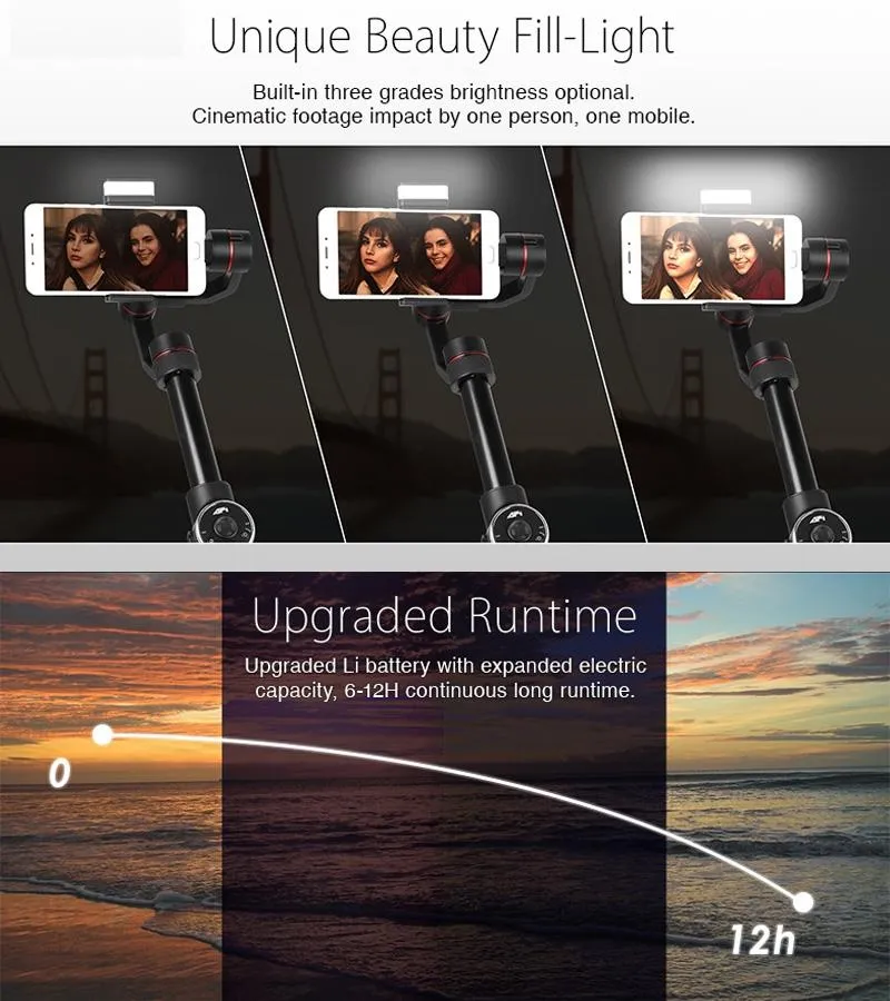 3-Axis Gimbal Stabilizer | Tripod Mount & Fill Light | Smartphone Compatibility | Black