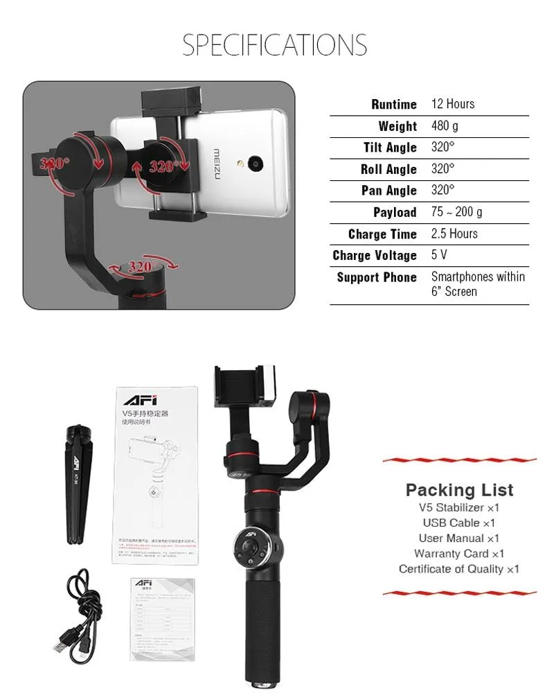 3-Axis Gimbal Stabilizer | Tripod Mount & Fill Light | Smartphone Compatibility | Black