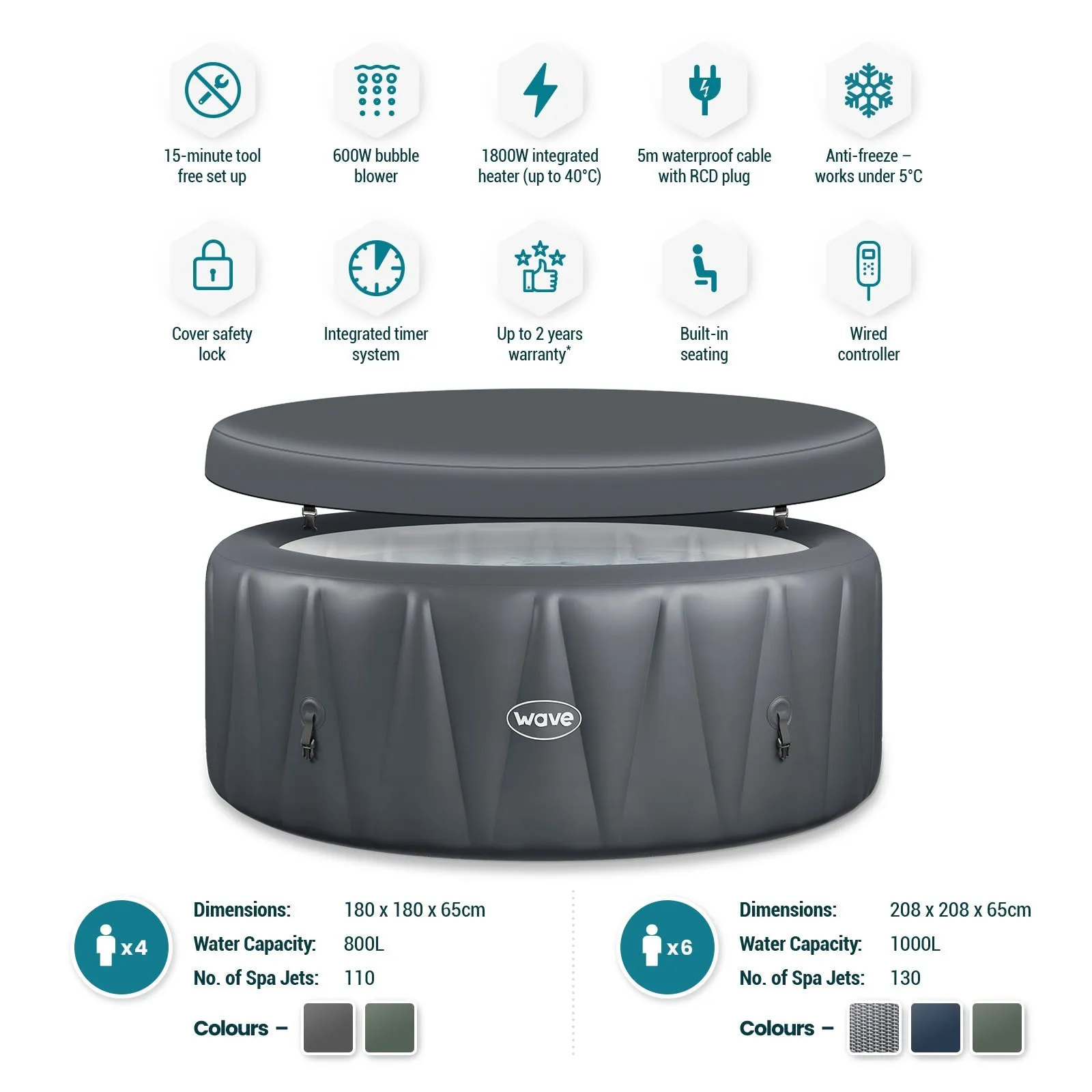 Atlantic | 4-Person Inflatable Hot Tub | Integrated Heater | Dark Grey