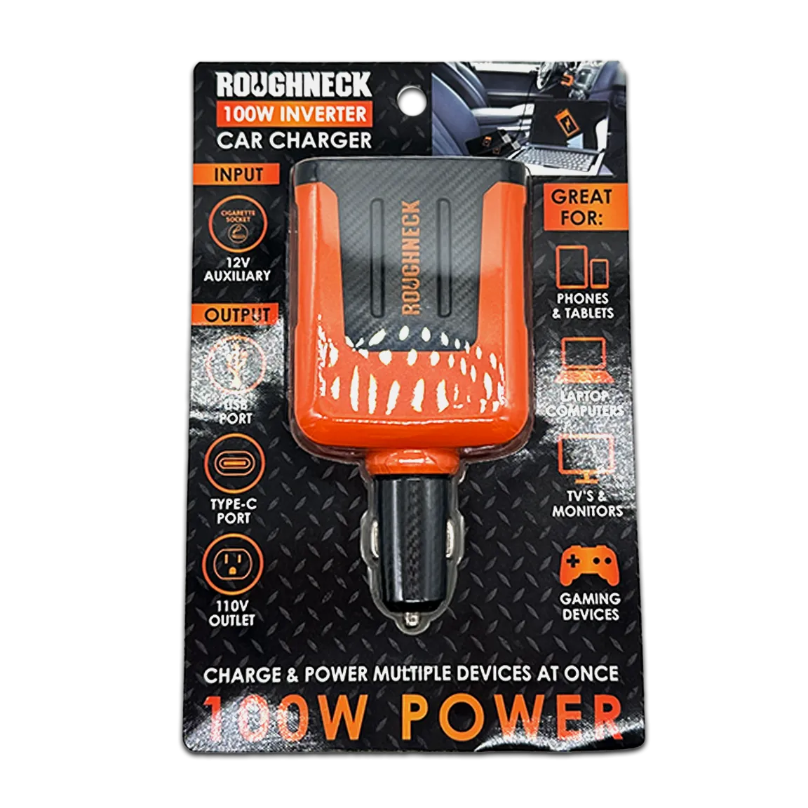 Car Charger  DC 3 Port USB / USB-C / 120V Outlet 100 Watts - 4 Pieces Per Retail Ready Display 23861