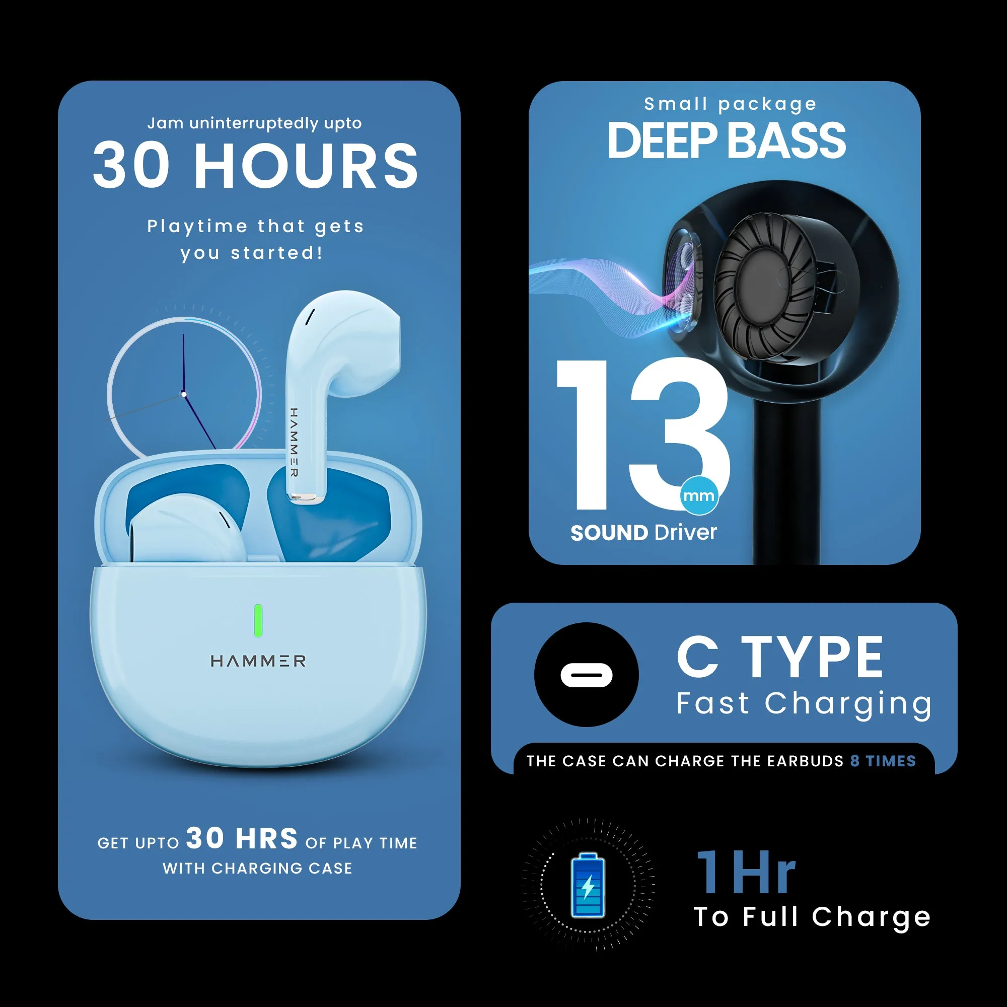 Hammer Ultra Pods TWS Earbuds with 3D Stereo Sound & Touch Controls