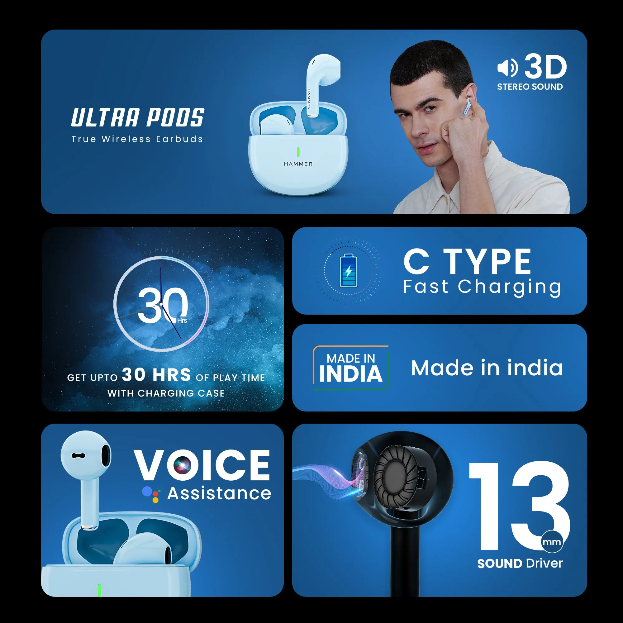 Hammer Ultra Pods TWS Earbuds with 3D Stereo Sound & Touch Controls