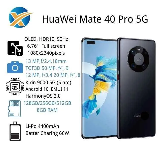 Huawei Mate 40 Pro 5G Mobile Phones Kirin 9000 SoC Chip 6.76''  هاتف Huawei Mate 40 Pro 5G المحمول، معالج Kirin 9000، شاشة كاملة 6.76