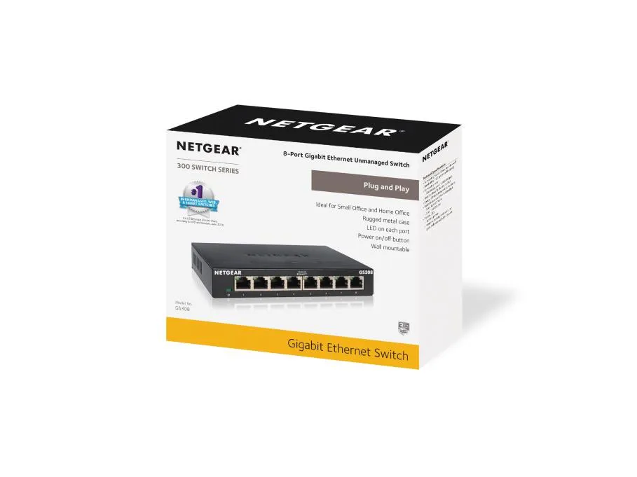 Netgear 8-Port Gigabit Ethernet Unmanaged Switch (GS308) - Desktop, Sturdy Metal Fanless Housing
