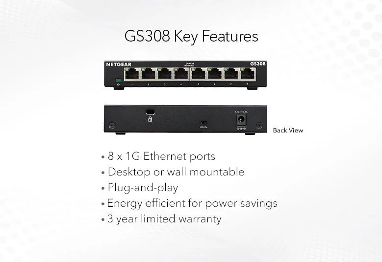 Netgear 8-Port Gigabit Ethernet Unmanaged Switch (GS308) - Desktop, Sturdy Metal Fanless Housing