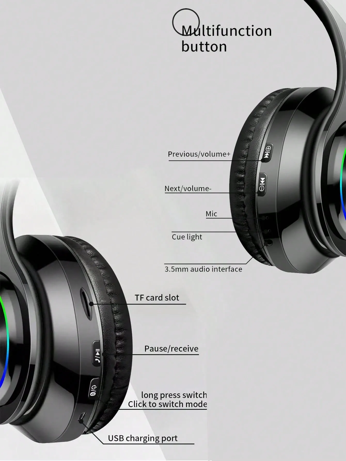 RGB Colorful LED Lights Headphones Over Ear